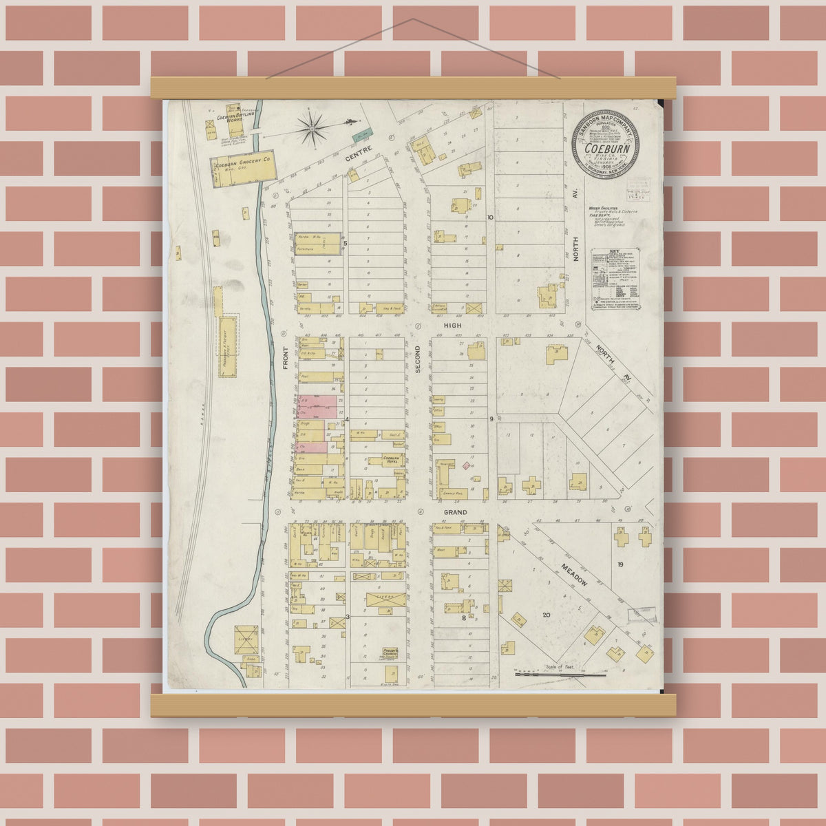 Old map wall art mockup — magnetic wood frame on brick wall — Sanborn Fire Insurance Map from Coeburn, Wise County, Virginia (1908), Sheet #0001