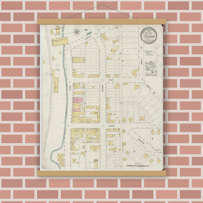 Old map wall art mockup — magnetic wood frame on brick wall — Sanborn Fire Insurance Map from Coeburn, Wise County, Virginia (1908), Sheet #0001