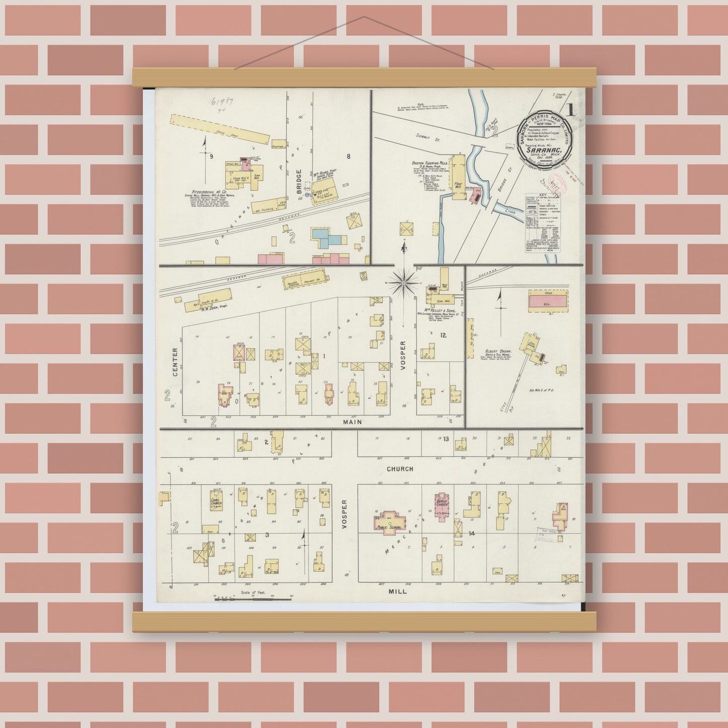 Old map wall art mockup — magnetic wood frame on brick wall — Sanborn Fire Insurance Map from Saranac, Ionia County, Michigan (1894) - Complete Map Set
