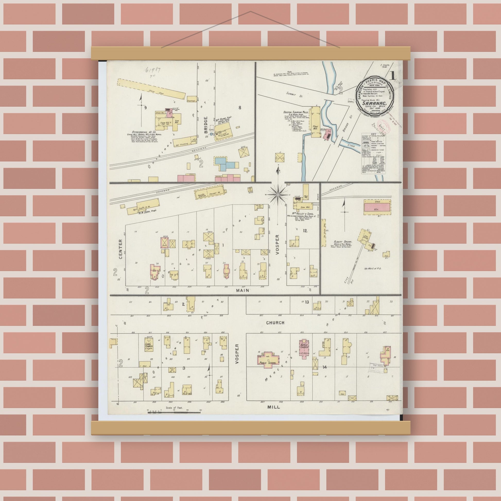 Old map wall art mockup — magnetic wood frame on brick wall — Sanborn Fire Insurance Map from Saranac, Ionia County, Michigan (1894) - Complete Map Set