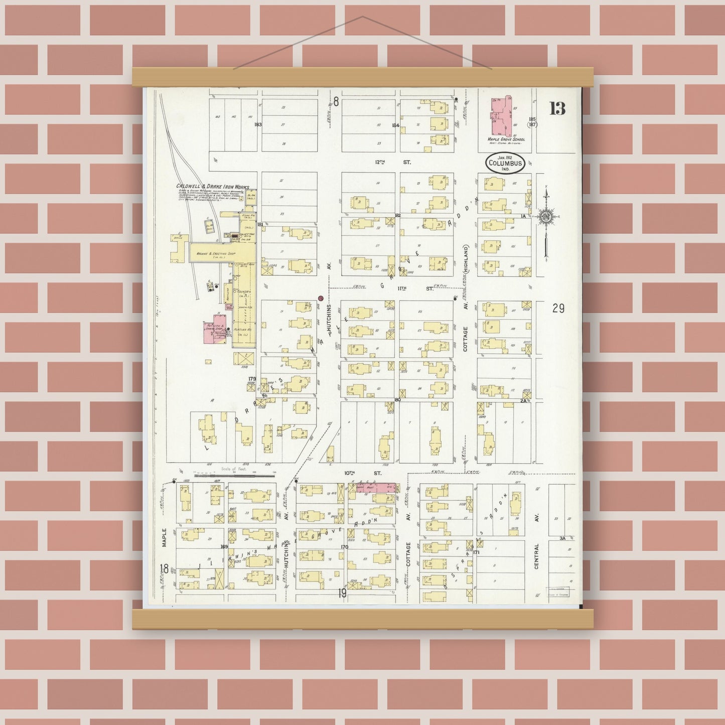 Old map wall art mockup — magnetic wood frame on brick wall — Sanborn Fire Insurance Map from Columbus, Bartholomew County, Indiana (1912), Sheet #0013
