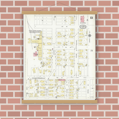 Old map wall art mockup — magnetic wood frame on brick wall — Sanborn Fire Insurance Map from Columbus, Bartholomew County, Indiana (1912), Sheet #0013