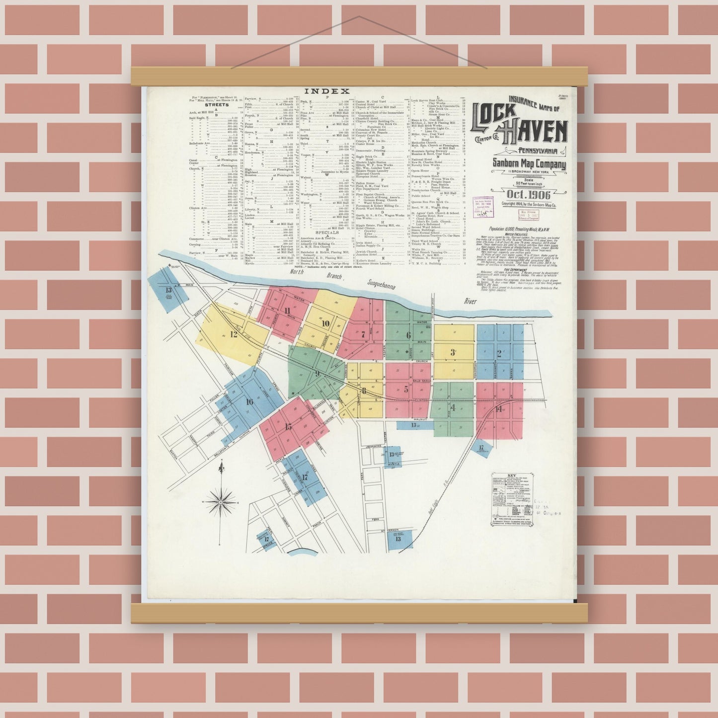 Old map wall art mockup — magnetic wood frame on brick wall — Sanborn Fire Insurance Map from Lock Haven, Clinton County, Pennsylvania (1906), Sheet #0001