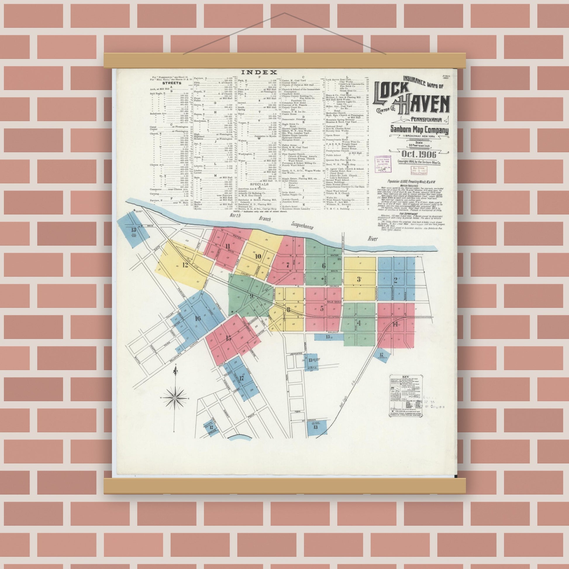 Old map wall art mockup — magnetic wood frame on brick wall — Sanborn Fire Insurance Map from Lock Haven, Clinton County, Pennsylvania (1906), Sheet #0001