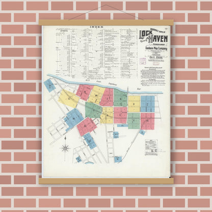 Old map wall art mockup — magnetic wood frame on brick wall — Sanborn Fire Insurance Map from Lock Haven, Clinton County, Pennsylvania (1906), Sheet #0001