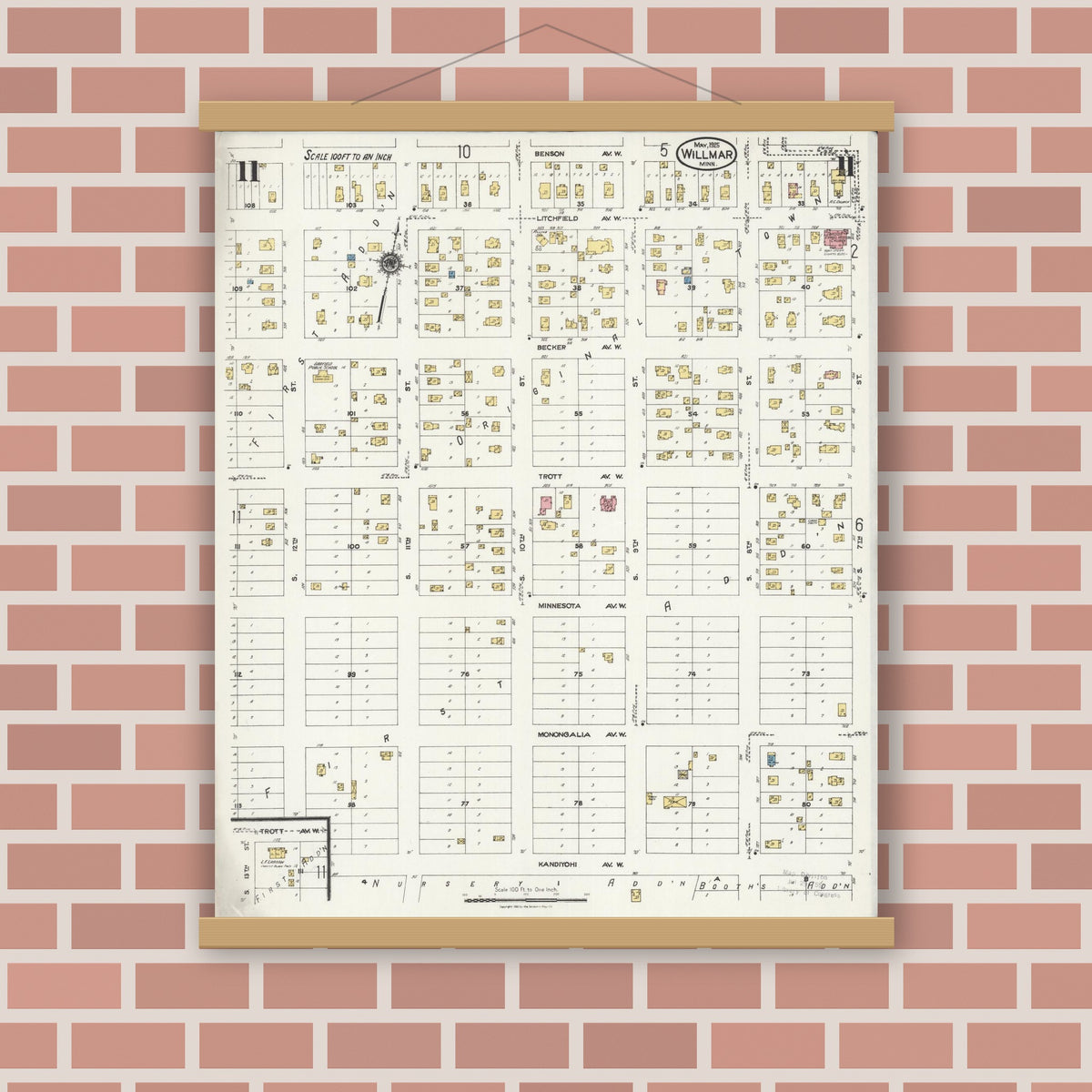 Old map wall art mockup — magnetic wood frame on brick wall — Sanborn Fire Insurance Map from Willmar, Kandiyohi County, Minnesota (1925), Sheet #0011