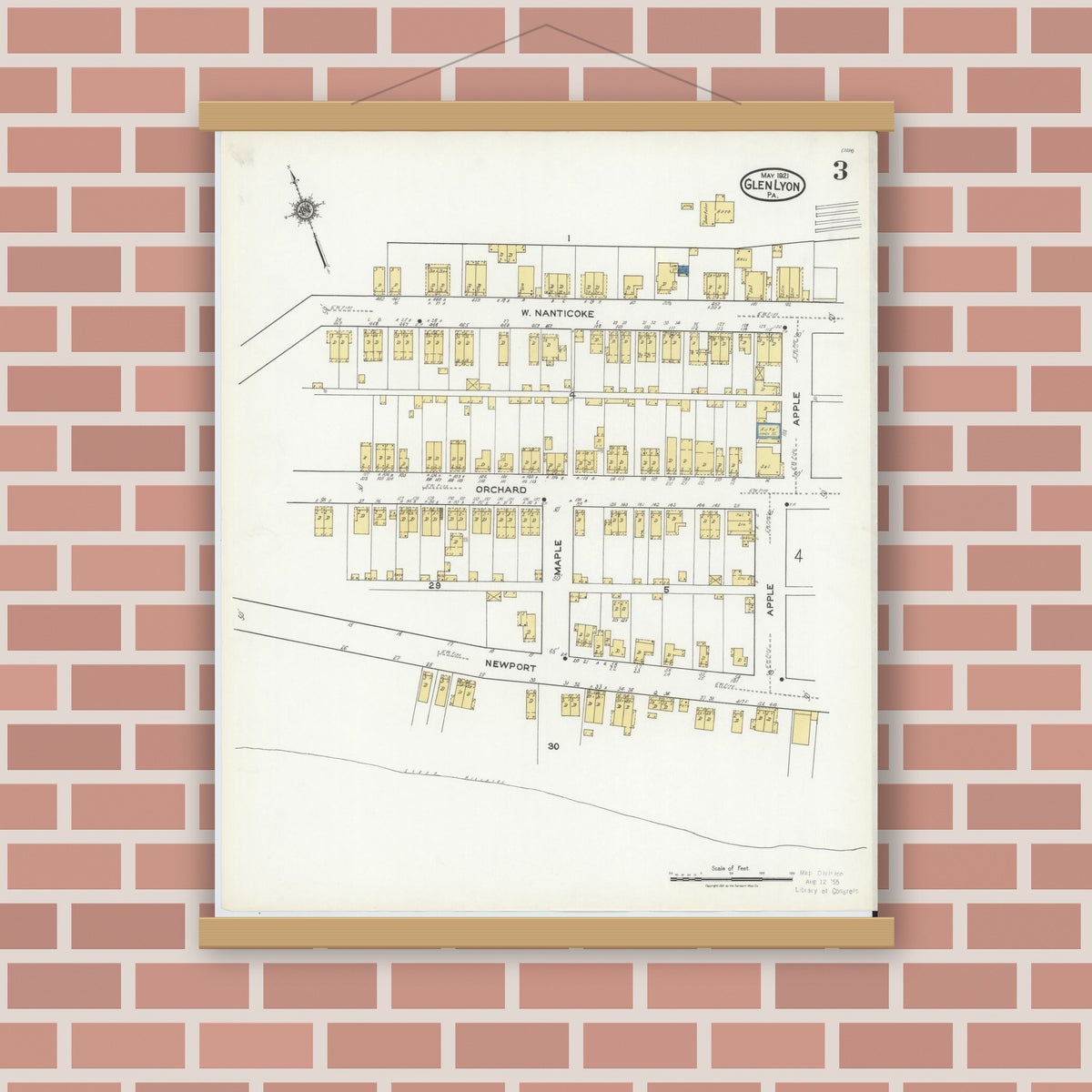 Old map wall art mockup — magnetic wood frame on brick wall — Sanborn Fire Insurance Map from Glen Lyon, Luzerne County, Pennsylvania (1921), Sheet #0003