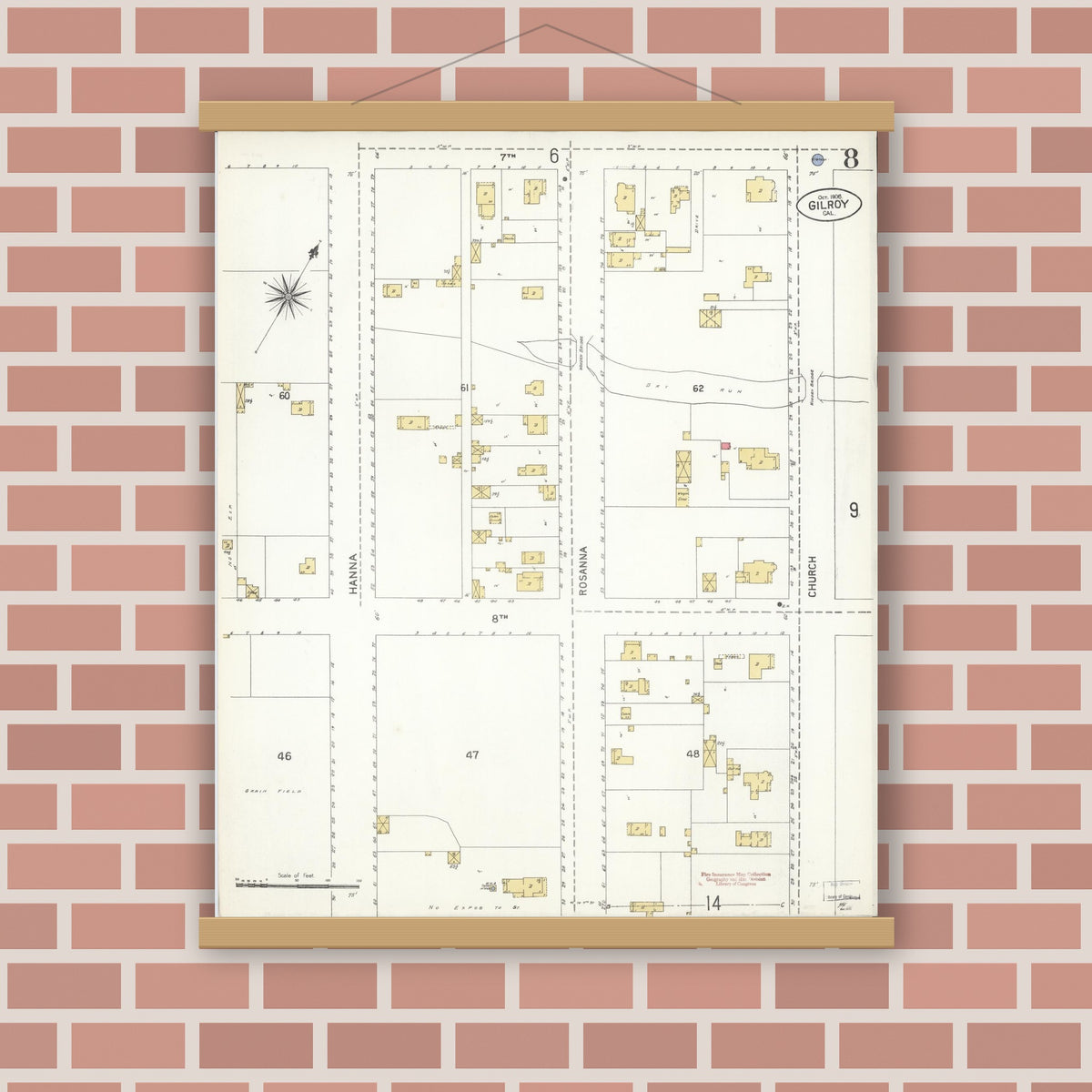 Old map wall art mockup — magnetic wood frame on brick wall — Sanborn Fire Insurance Map from Gilroy, Santa Clara County, California (1906), Sheet #0008