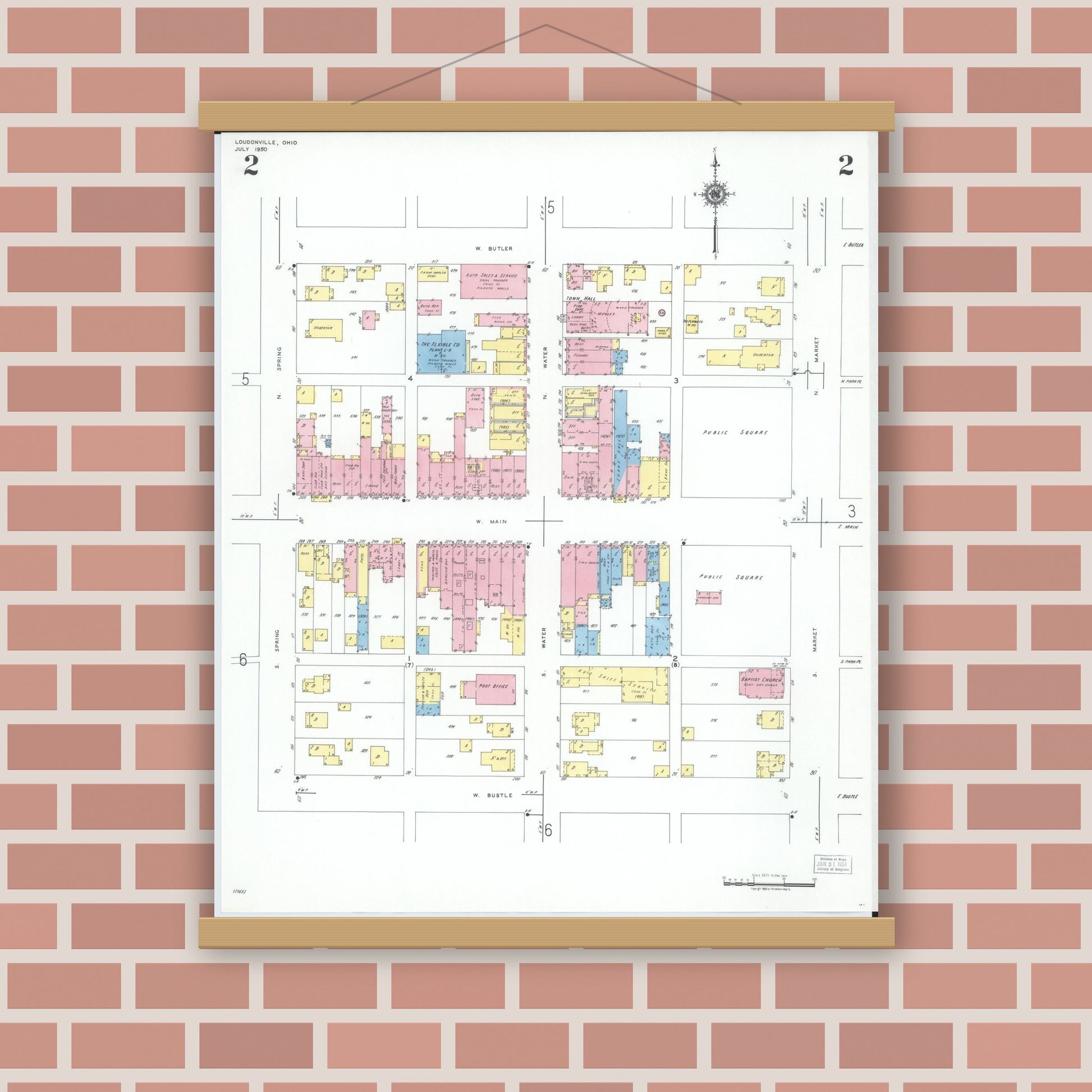 Old map wall art mockup — magnetic wood frame on brick wall — Sanborn Fire Insurance Map from Loudonville, Ashland County, Ohio (1950), Sheet #0002