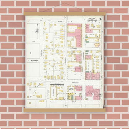 Old map wall art mockup — magnetic wood frame on brick wall — Sanborn Fire Insurance Map from Gainesville, Cooke County, Texas (1902), Sheet #0007