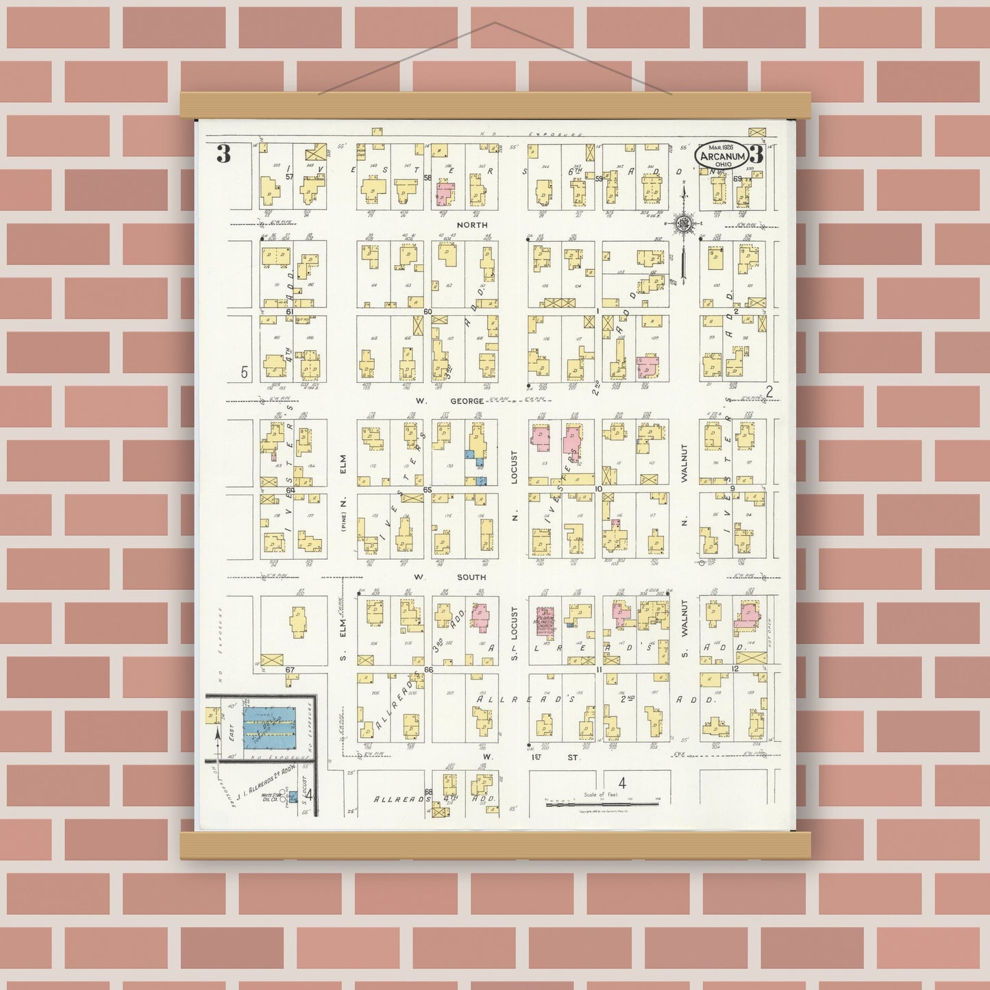 Old map wall art mockup — magnetic wood frame on brick wall — Sanborn Fire Insurance Map from Arcanum, Darke County, Ohio (1926), Sheet #0003
