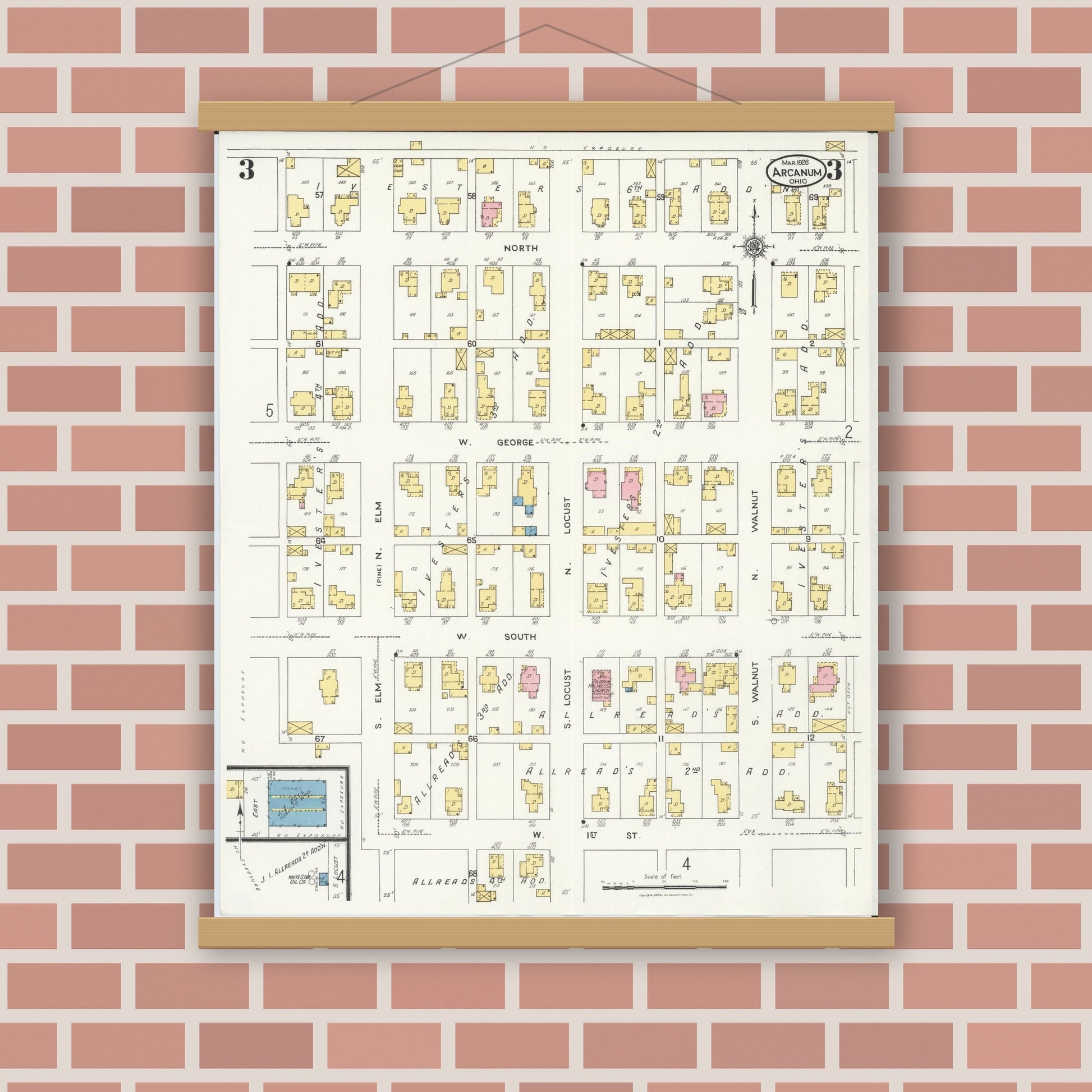 Old map wall art mockup — magnetic wood frame on brick wall — Sanborn Fire Insurance Map from Arcanum, Darke County, Ohio (1926), Sheet #0003