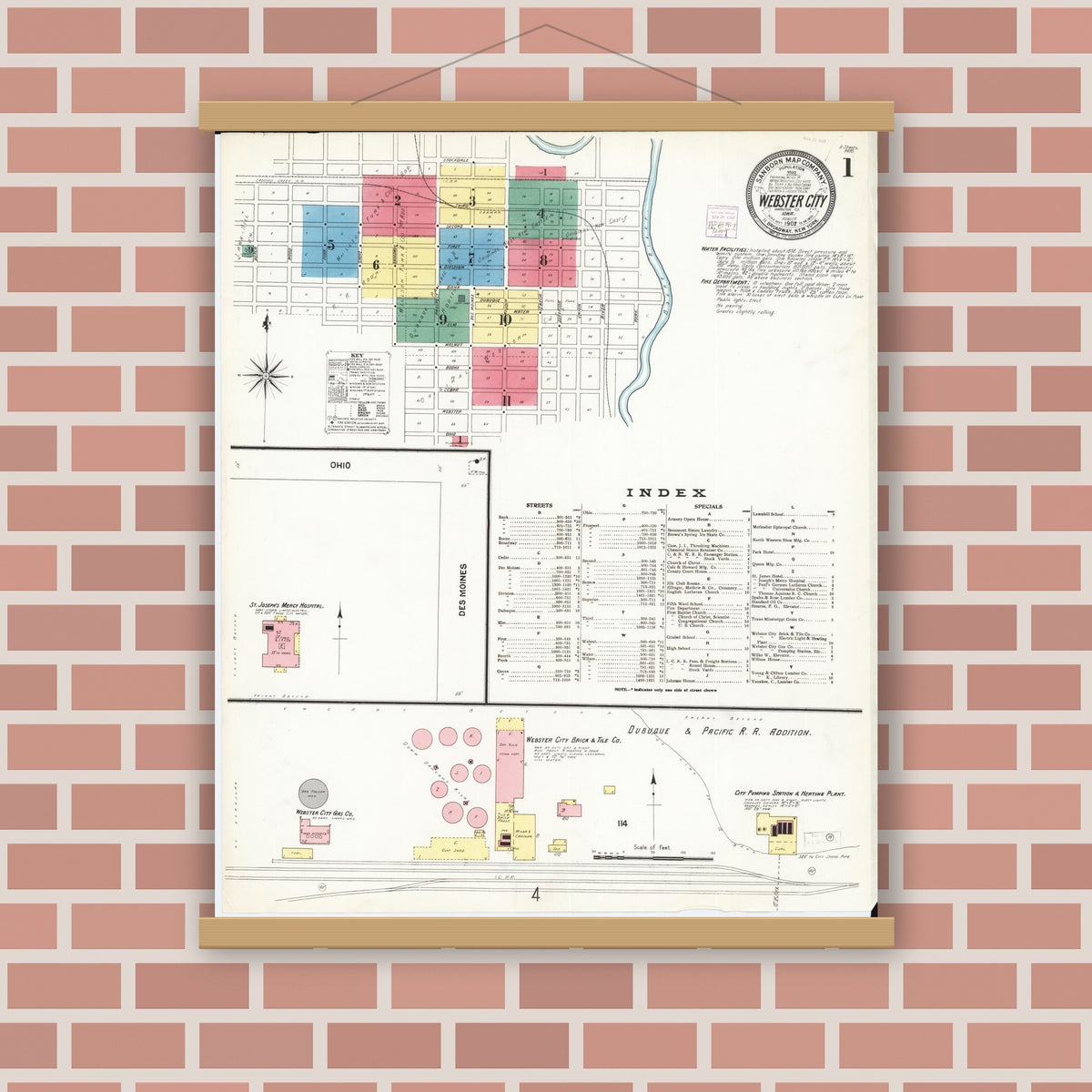 Old map wall art mockup — magnetic wood frame on brick wall — Sanborn Fire Insurance Map from Webster City, Hamilton County, Iowa (1907) â€” Complete Set