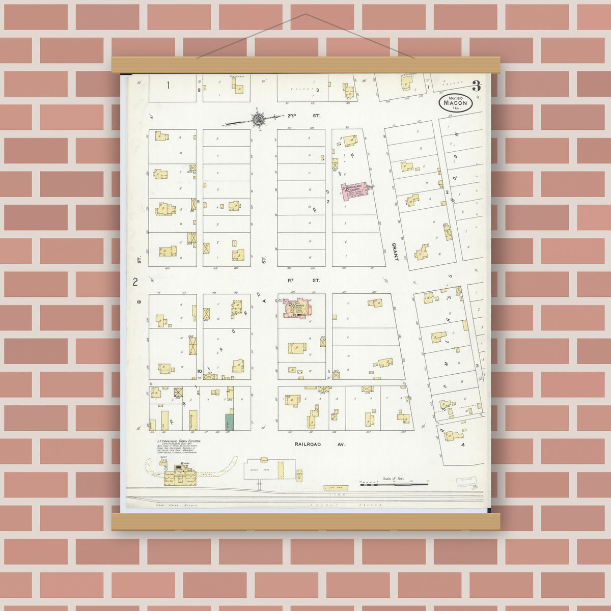 Old map wall art mockup — magnetic wood frame on brick wall — Sanborn Fire Insurance Map from Macon, Macon County, Illinois (1910), Sheet #0003