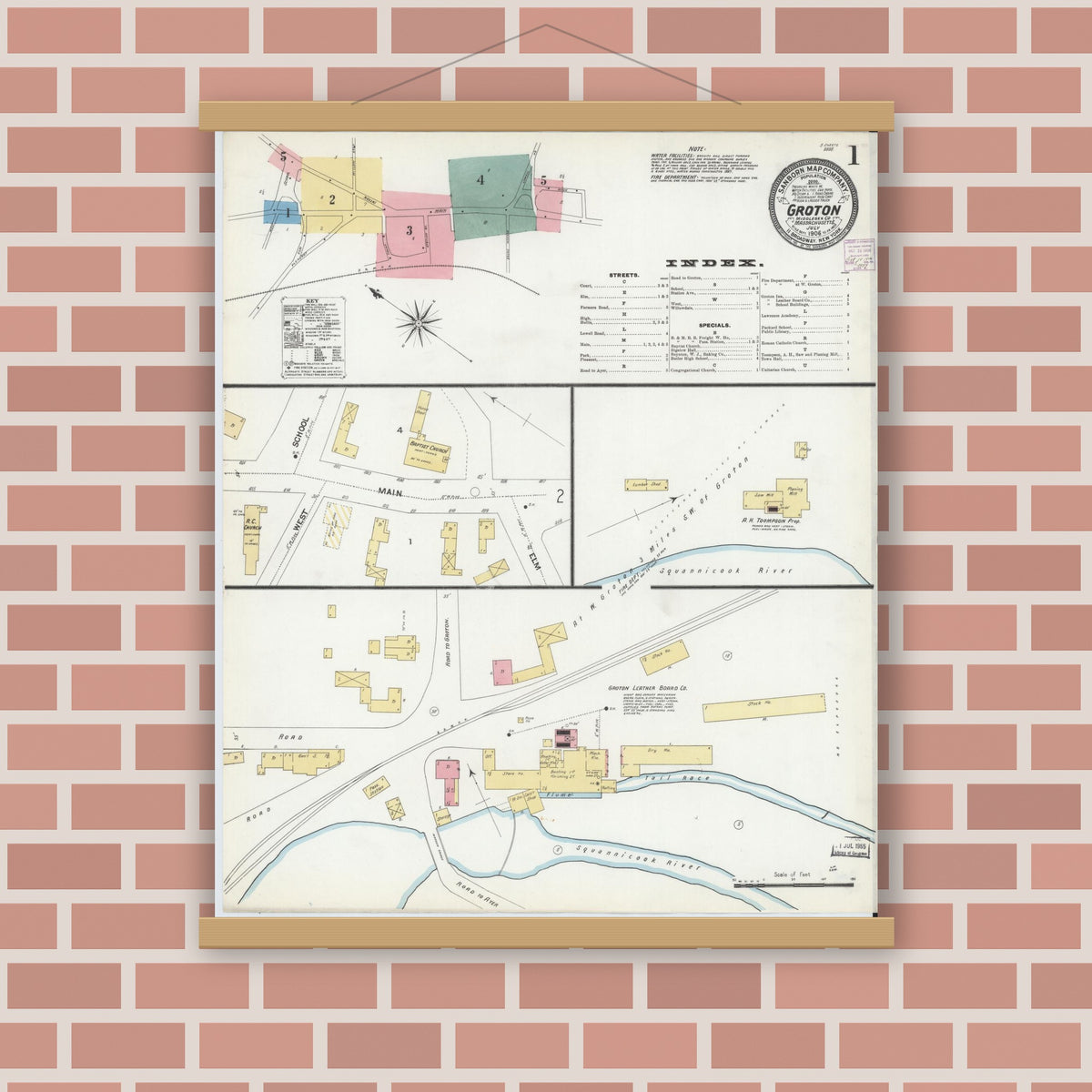 Old map wall art mockup — magnetic wood frame on brick wall — Sanborn Fire Insurance Map from Groton, Middlesex County, Massachusetts (1906) - Complete Map Set