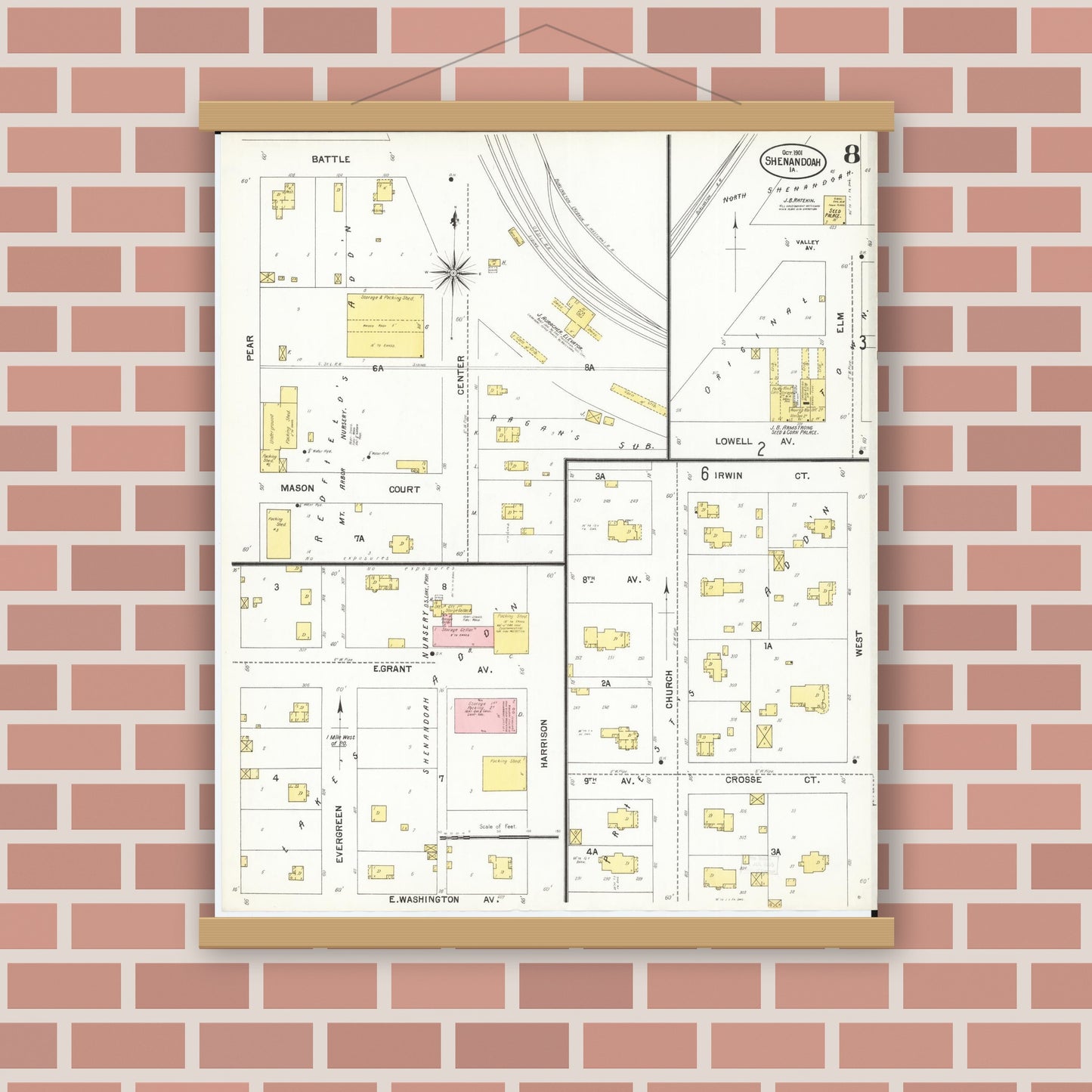Old map wall art mockup — magnetic wood frame on brick wall — Sanborn Fire Insurance Map from Shenandoah, Page County, Iowa (1901), Sheet #0008