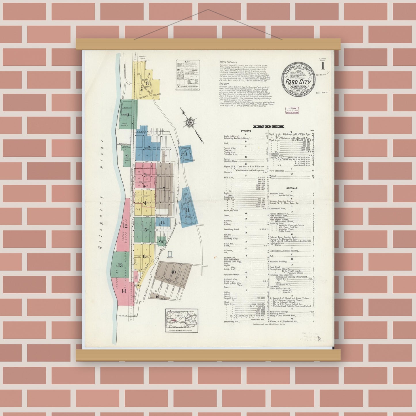 Old map wall art mockup — magnetic wood frame on brick wall — Sanborn Fire Insurance Map from Ford City, Armstrong County, Pennsylvania (1913), Sheet #0001