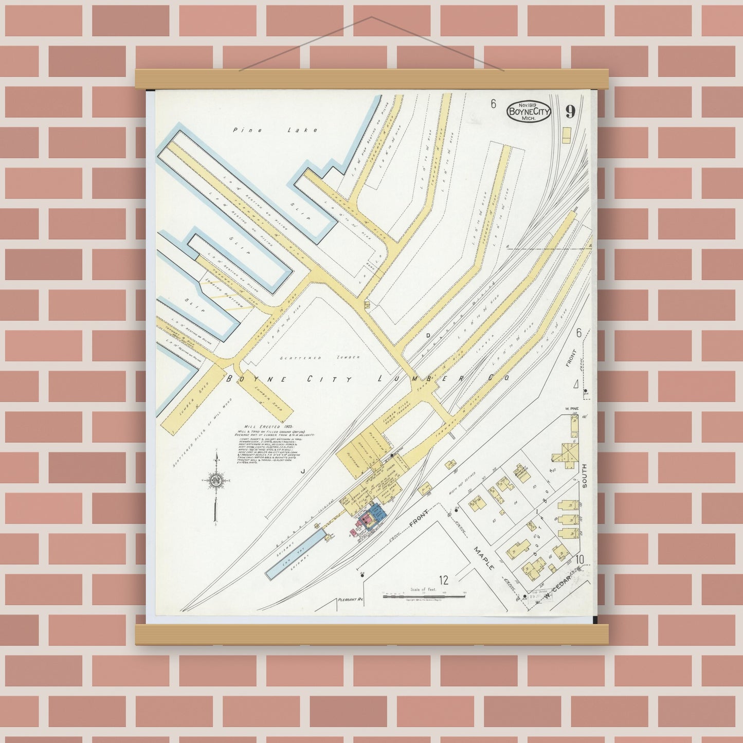Old map wall art mockup — magnetic wood frame on brick wall — Sanborn Fire Insurance Map from Boyne City, Charlevoix County, Michigan (1919), Sheet #0009