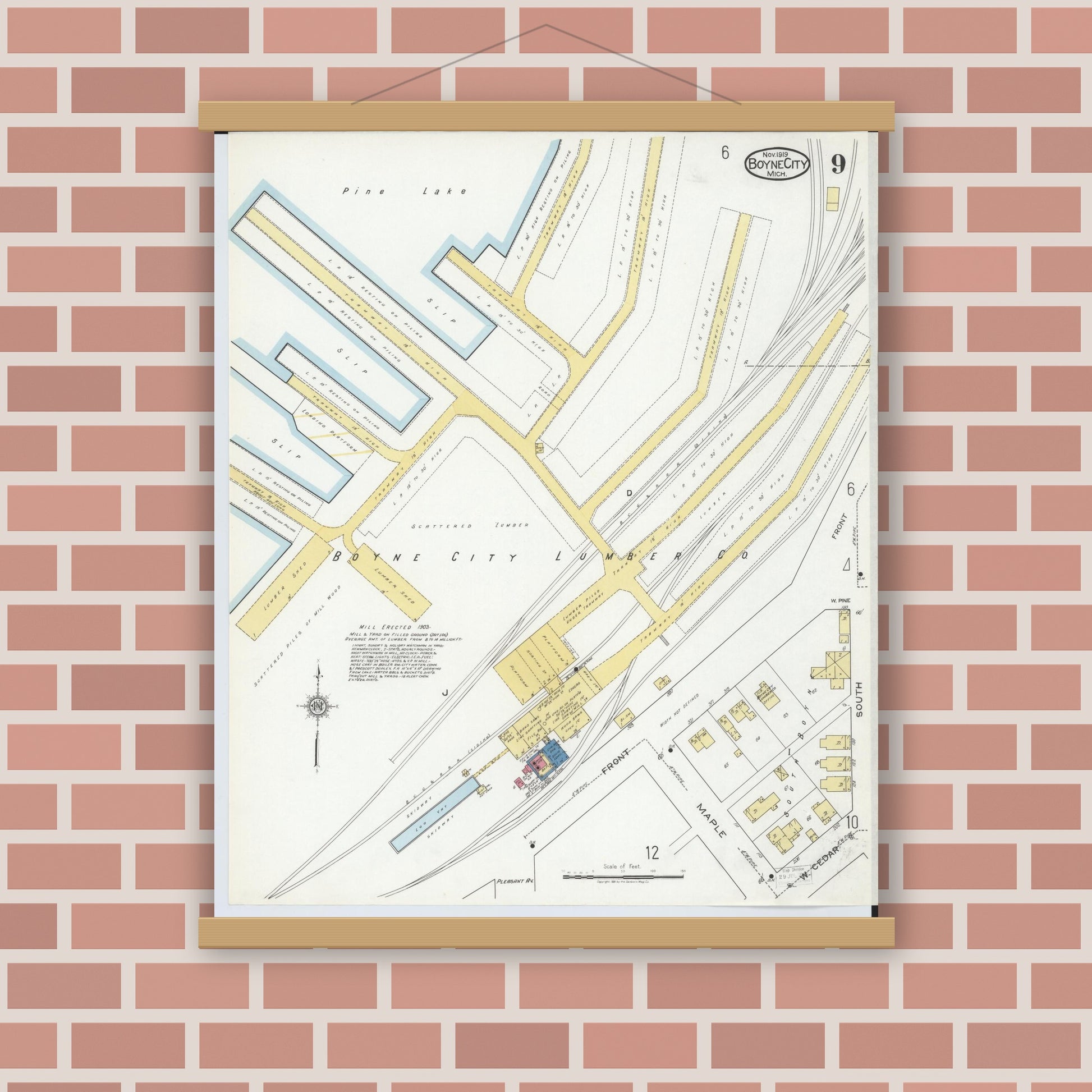 Old map wall art mockup — magnetic wood frame on brick wall — Sanborn Fire Insurance Map from Boyne City, Charlevoix County, Michigan (1919), Sheet #0009