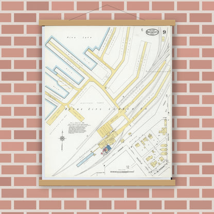 Old map wall art mockup — magnetic wood frame on brick wall — Sanborn Fire Insurance Map from Boyne City, Charlevoix County, Michigan (1919), Sheet #0009