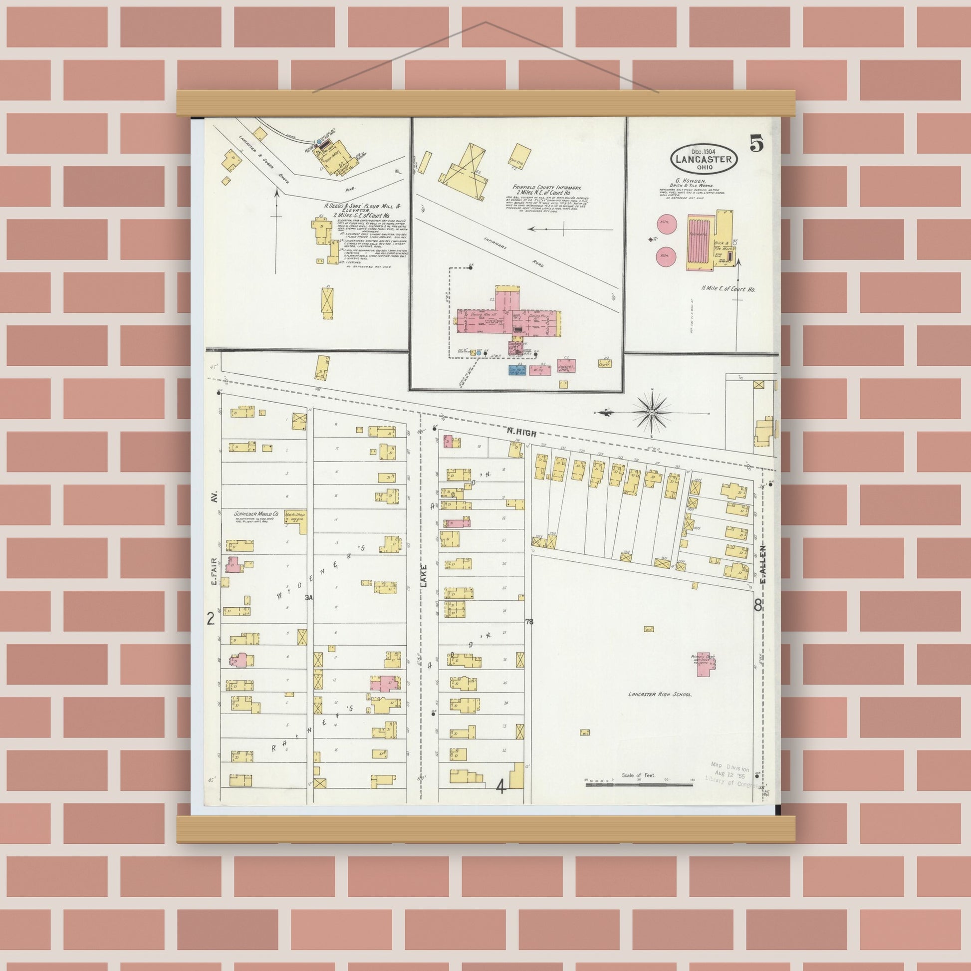 Old map wall art mockup — magnetic wood frame on brick wall — Sanborn Fire Insurance Map from Lancaster, Fairfield County, Ohio (1904), Sheet #0005