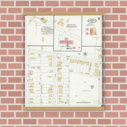 Old map wall art mockup — magnetic wood frame on brick wall — Sanborn Fire Insurance Map from Lancaster, Fairfield County, Ohio (1904), Sheet #0005