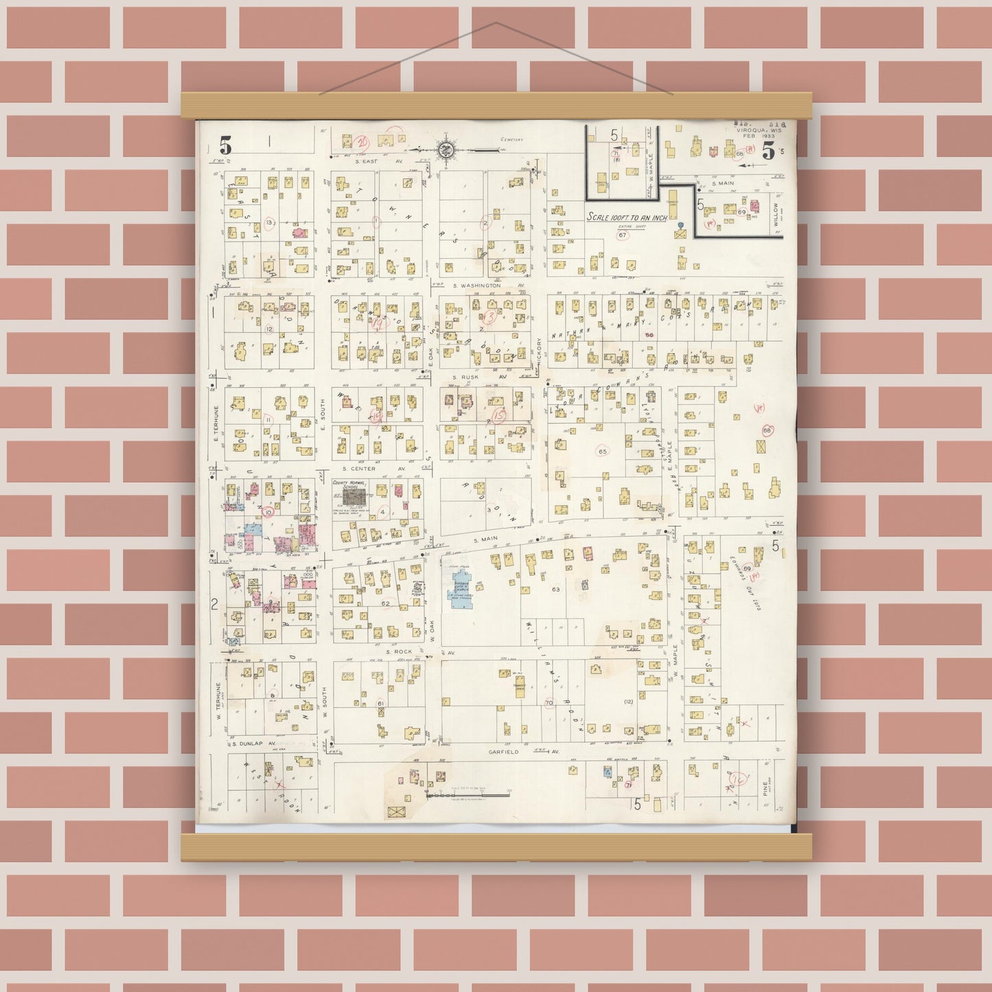 Old map wall art mockup — magnetic wood frame on brick wall — Sanborn Fire Insurance Map from Viroqua, Vernon County, Wisconsin (1949), Sheet #0005