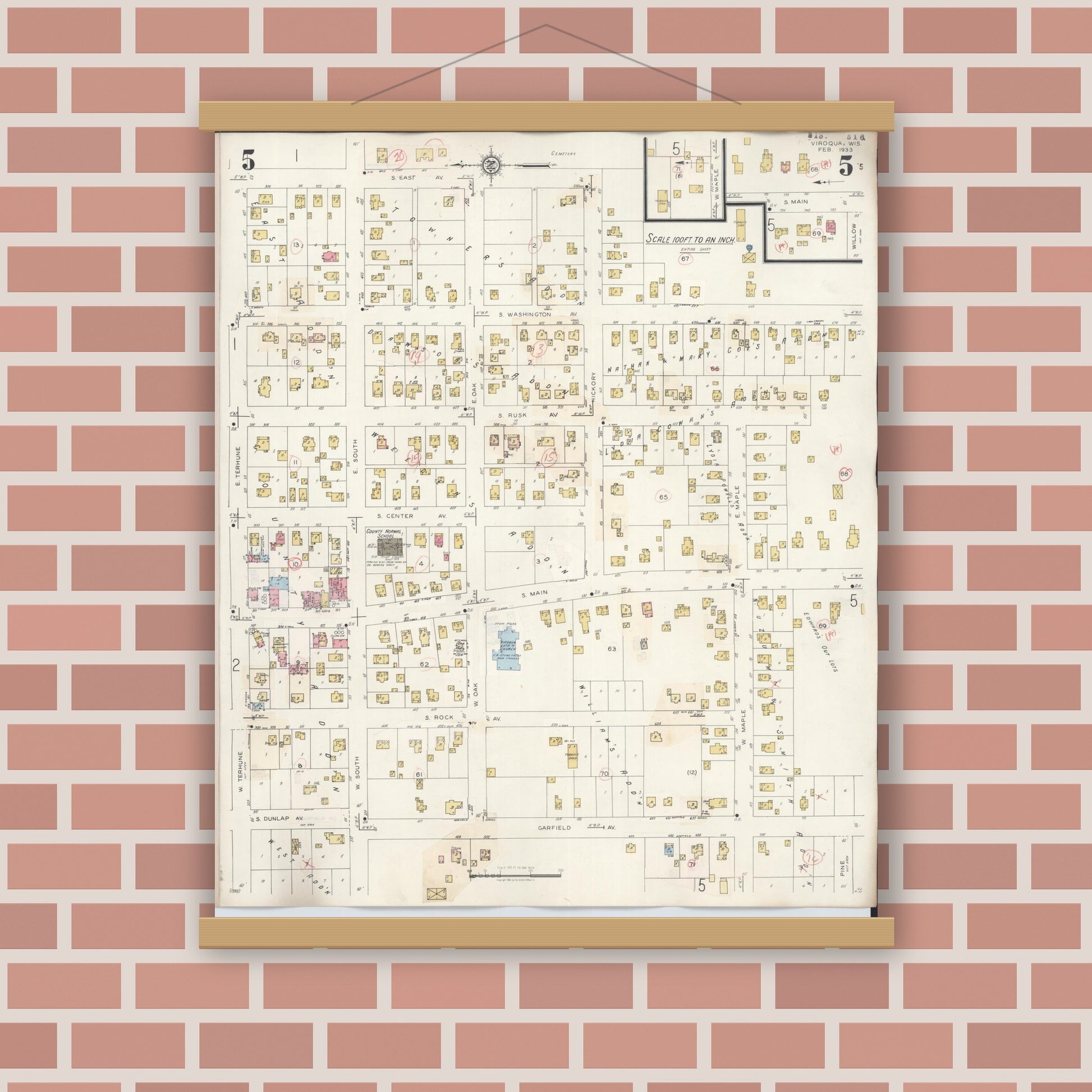 Old map wall art mockup — magnetic wood frame on brick wall — Sanborn Fire Insurance Map from Viroqua, Vernon County, Wisconsin (1949), Sheet #0005