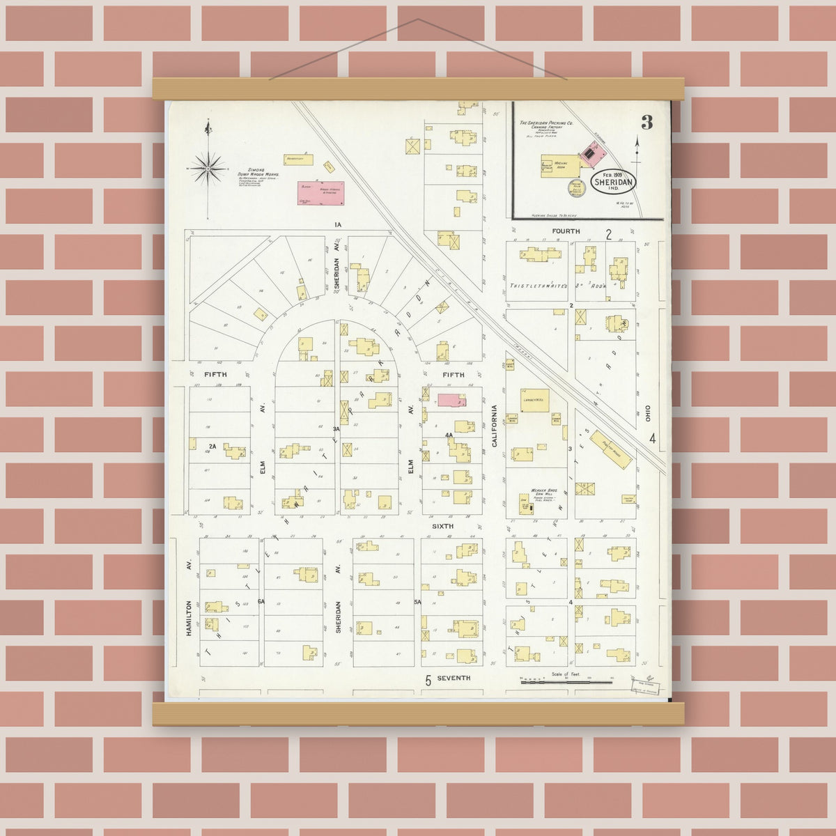 Old map wall art mockup — magnetic wood frame on brick wall — Sanborn Fire Insurance Map from Sheridan, Hamilton County, Indiana (1909), Sheet #0003