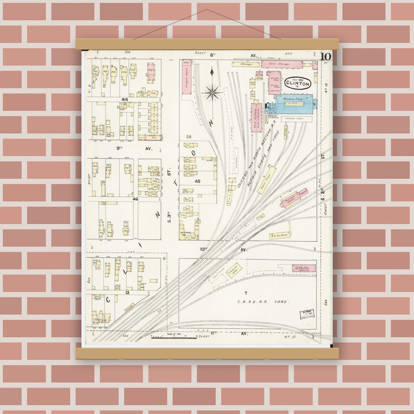 Old map wall art mockup — magnetic wood frame on brick wall — Sanborn Fire Insurance Map from Clinton, Clinton County, Iowa (1890), Sheet #0010