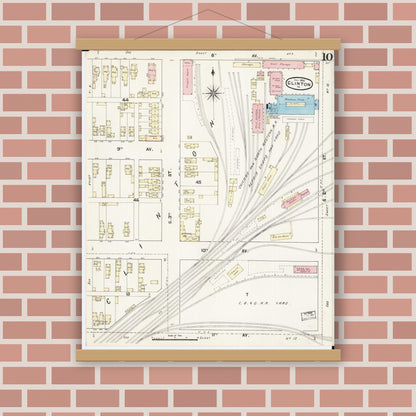 Old map wall art mockup — magnetic wood frame on brick wall — Sanborn Fire Insurance Map from Clinton, Clinton County, Iowa (1890), Sheet #0010