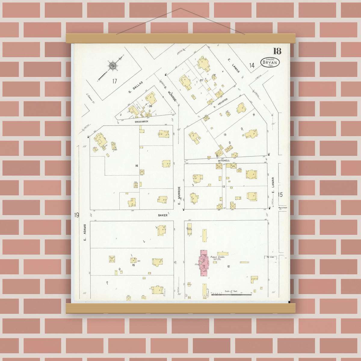 Old map wall art mockup — magnetic wood frame on brick wall — Sanborn Fire Insurance Map from Bryan, Brazos County, Texas (1912), Sheet #0018