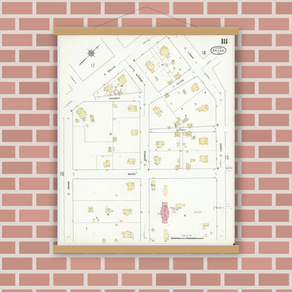 Old map wall art mockup — magnetic wood frame on brick wall — Sanborn Fire Insurance Map from Bryan, Brazos County, Texas (1912), Sheet #0018