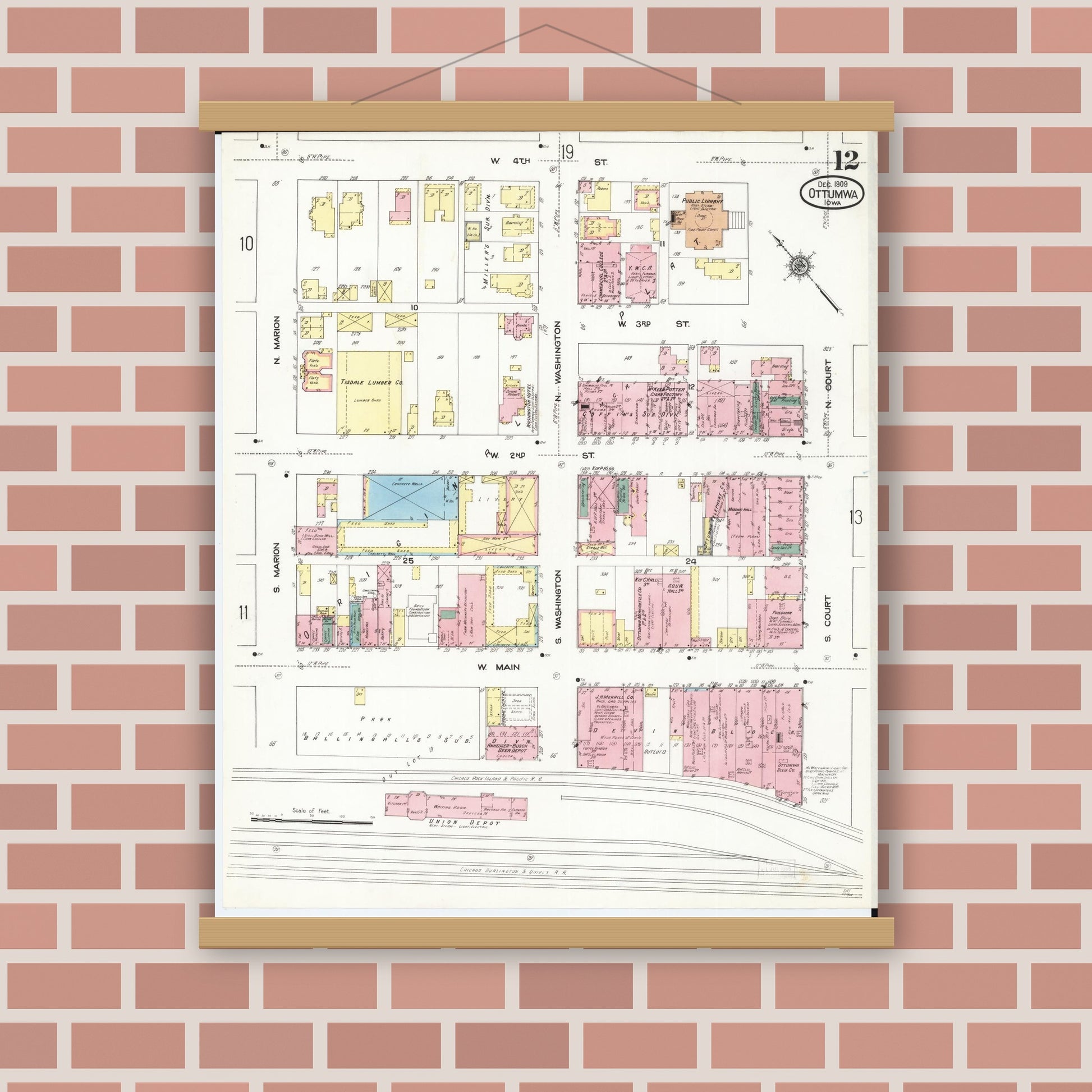 Old map wall art mockup — magnetic wood frame on brick wall — Sanborn Fire Insurance Map from Ottumwa, Wapello County, Iowa (1909), Sheet #0012