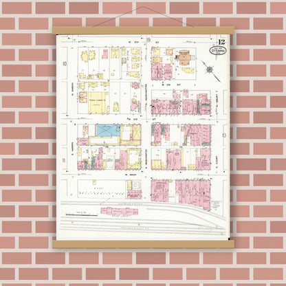 Old map wall art mockup — magnetic wood frame on brick wall — Sanborn Fire Insurance Map from Ottumwa, Wapello County, Iowa (1909), Sheet #0012