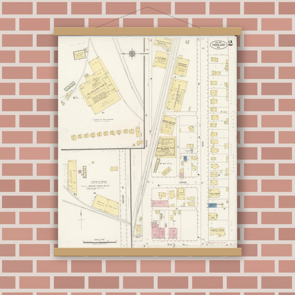 Old map wall art mockup — magnetic wood frame on brick wall — Sanborn Fire Insurance Map from Highland, San Bernardino County, California (1918), Sheet #0002