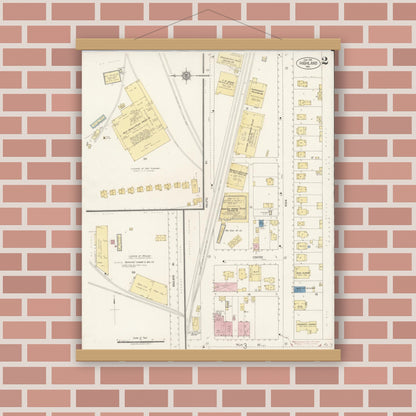 Old map wall art mockup — magnetic wood frame on brick wall — Sanborn Fire Insurance Map from Highland, San Bernardino County, California (1918), Sheet #0002