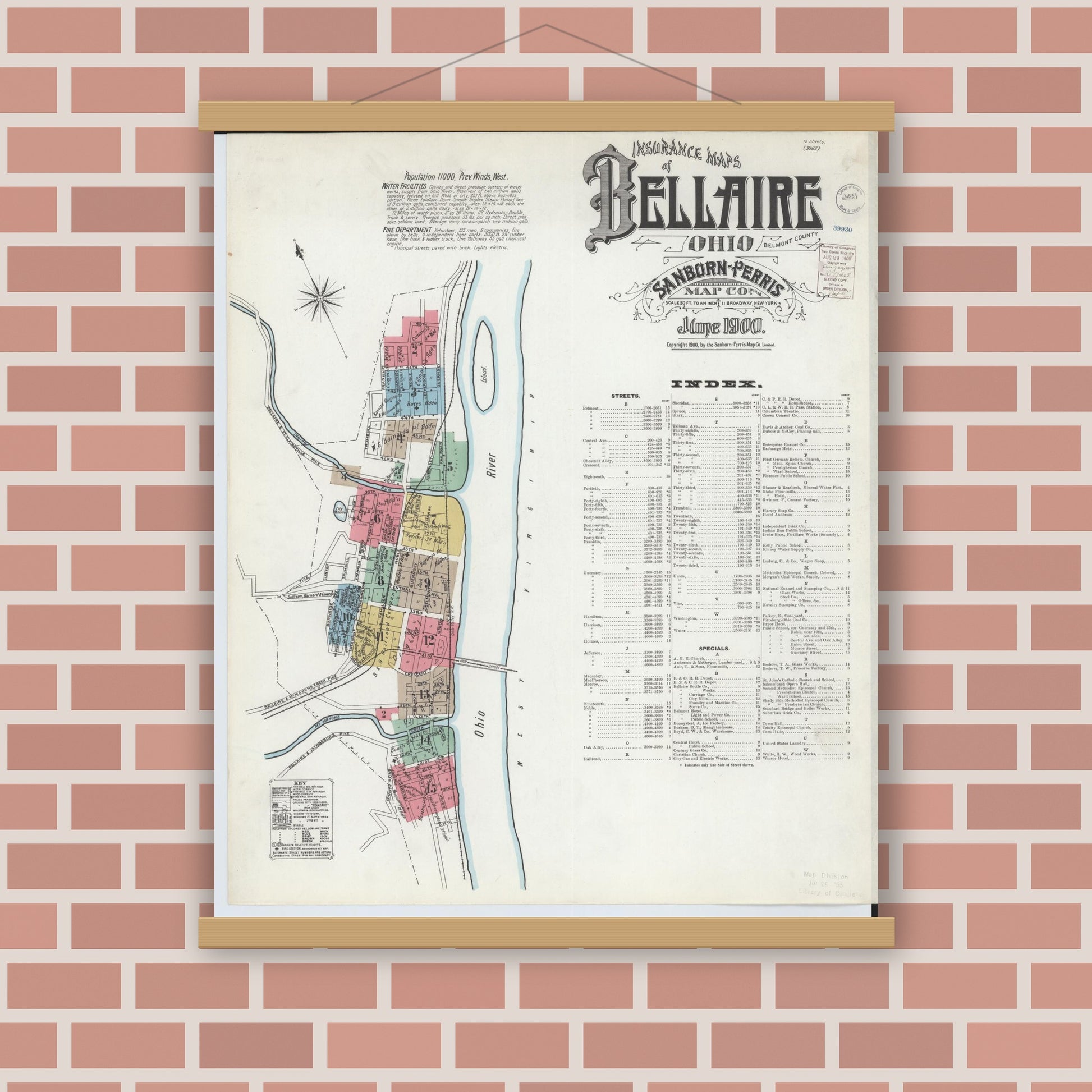 Old map wall art mockup — magnetic wood frame on brick wall — Sanborn Fire Insurance Map from Bellaire, Belmont County, Ohio (1900) - Complete Map Set