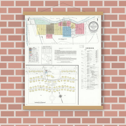 Old map wall art mockup — magnetic wood frame on brick wall — Sanborn Fire Insurance Map from Freeport, Brazoria County, Texas (1943) - Complete Map Set
