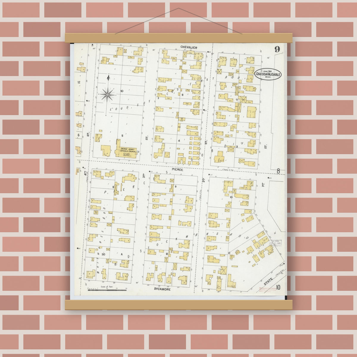 Old map wall art mockup — magnetic wood frame on brick wall — Sanborn Fire Insurance Map from Oscoda, Iosco County, Michigan (1901), Sheet #0009