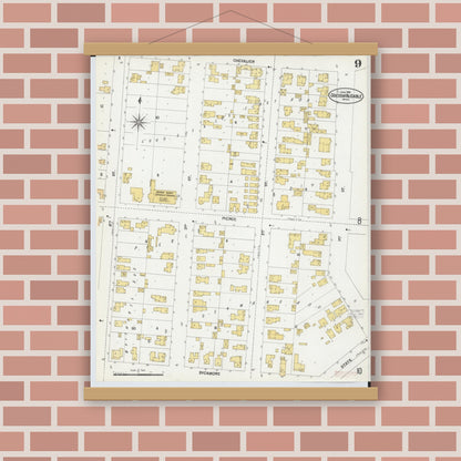 Old map wall art mockup — magnetic wood frame on brick wall — Sanborn Fire Insurance Map from Oscoda, Iosco County, Michigan (1901), Sheet #0009