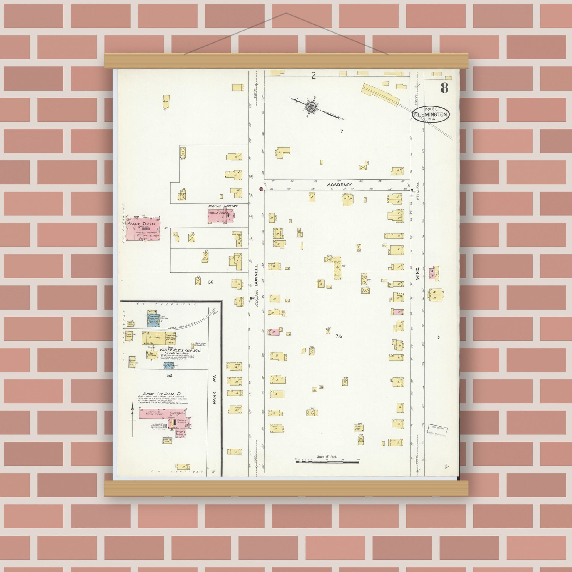 Old map wall art mockup — magnetic wood frame on brick wall — Sanborn Fire Insurance Map from Flemington, Hunterdon County, New Jersey (1910), Sheet #0008