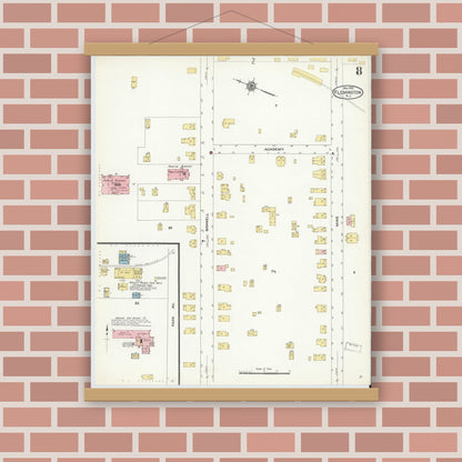 Old map wall art mockup — magnetic wood frame on brick wall — Sanborn Fire Insurance Map from Flemington, Hunterdon County, New Jersey (1910), Sheet #0008