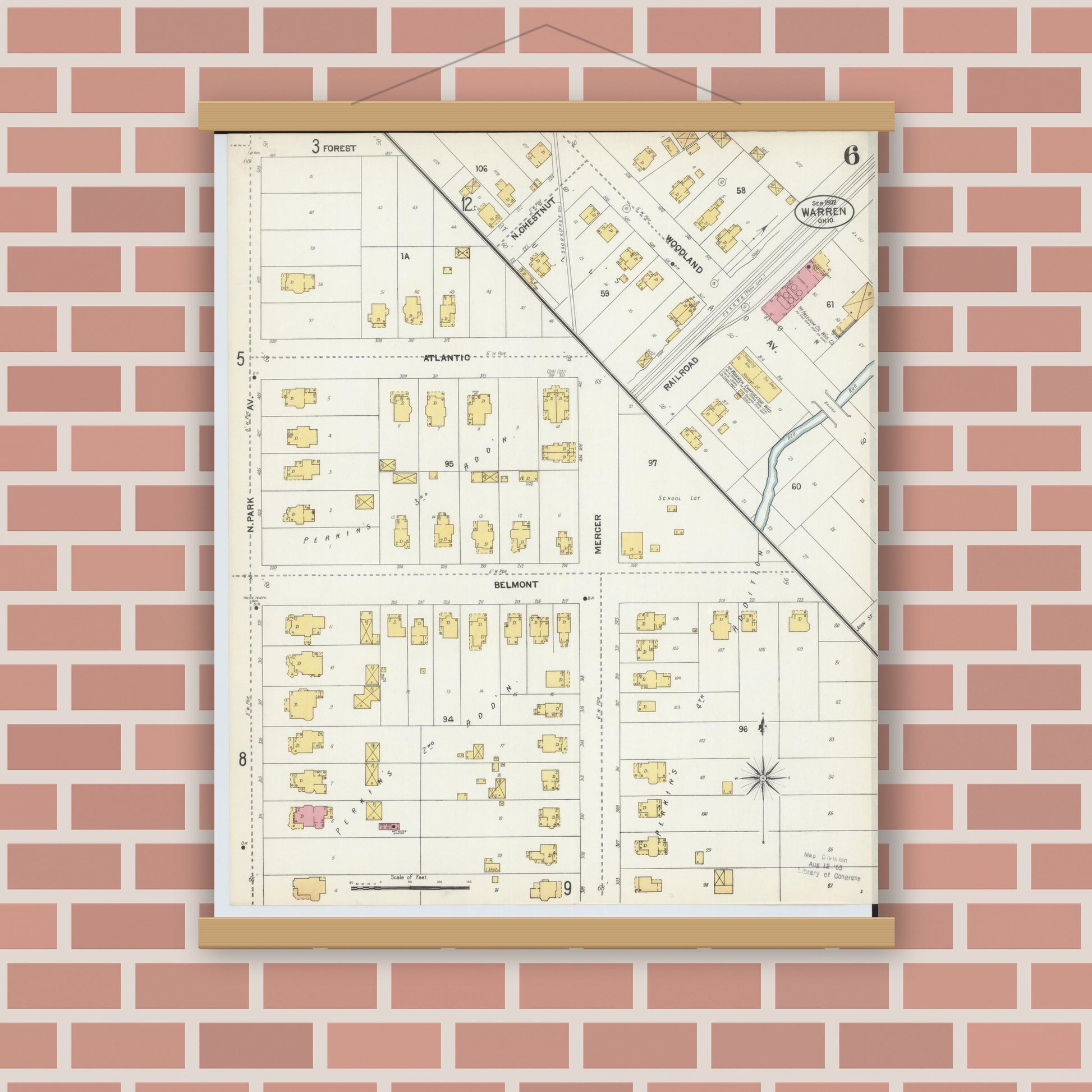 Old map wall art mockup — magnetic wood frame on brick wall — Sanborn Fire Insurance Map from Warren, Trumbull County, Ohio (1902), Sheet #0006