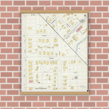 Old map wall art mockup — magnetic wood frame on brick wall — Sanborn Fire Insurance Map from Warren, Trumbull County, Ohio (1902), Sheet #0006