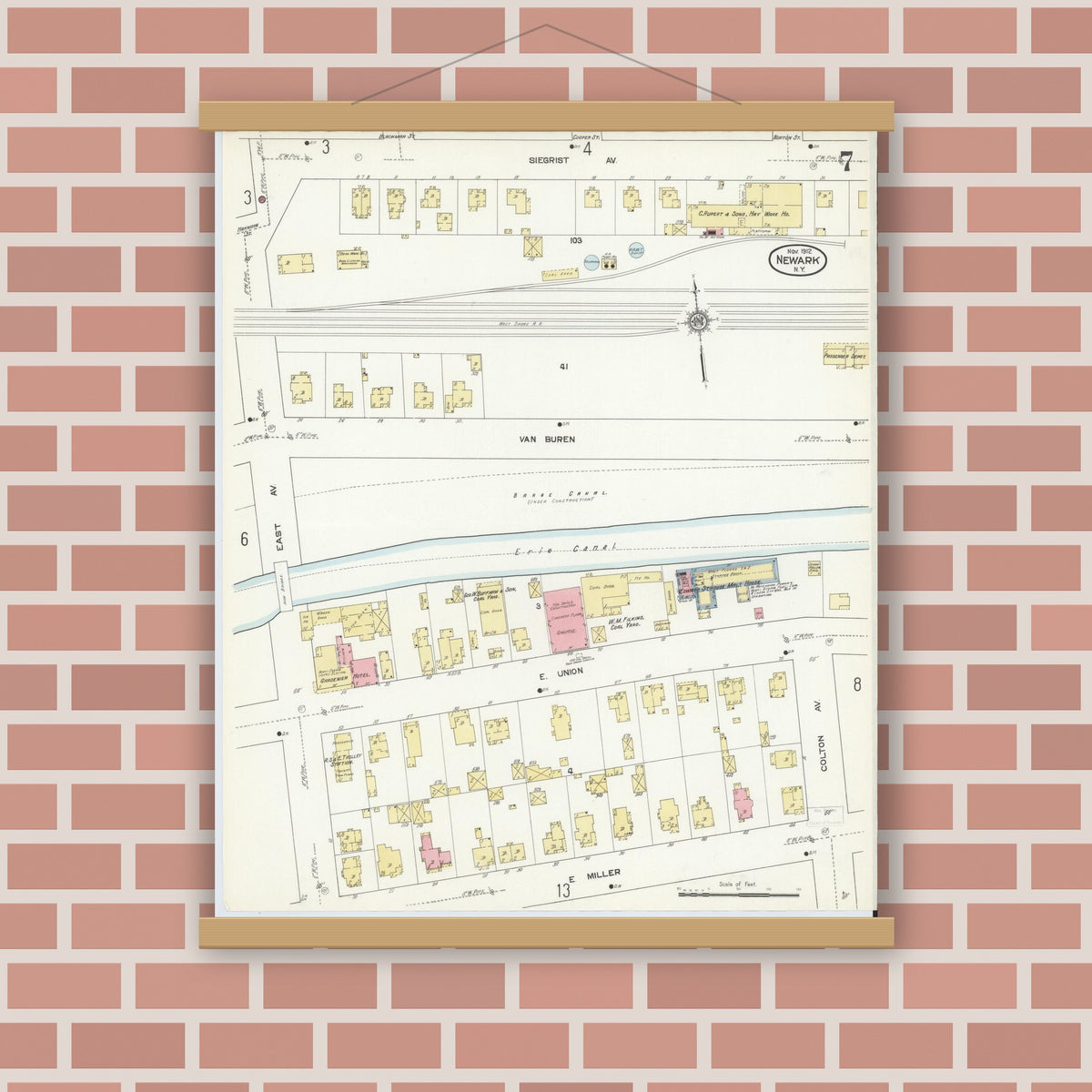 Old map wall art mockup — magnetic wood frame on brick wall — Sanborn Fire Insurance Map from Newark, Wayne County, New York (1912), Sheet #0007
