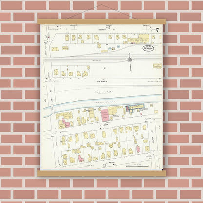 Old map wall art mockup — magnetic wood frame on brick wall — Sanborn Fire Insurance Map from Newark, Wayne County, New York (1912), Sheet #0007