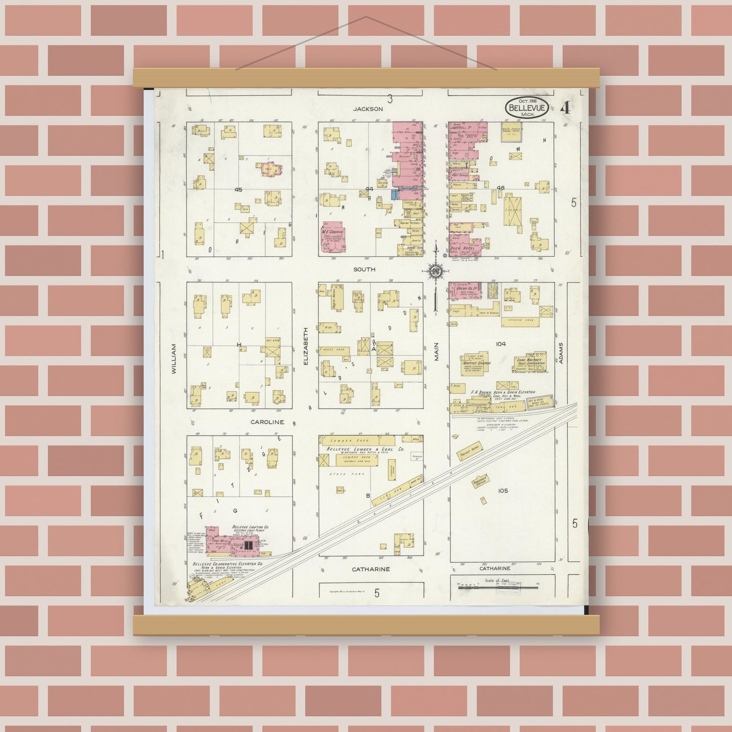 Old map wall art mockup — magnetic wood frame on brick wall — Sanborn Fire Insurance Map from Bellevue, Eaton County, Michigan (1916), Sheet #0004