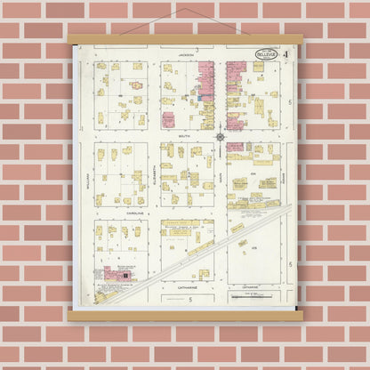 Old map wall art mockup — magnetic wood frame on brick wall — Sanborn Fire Insurance Map from Bellevue, Eaton County, Michigan (1916), Sheet #0004