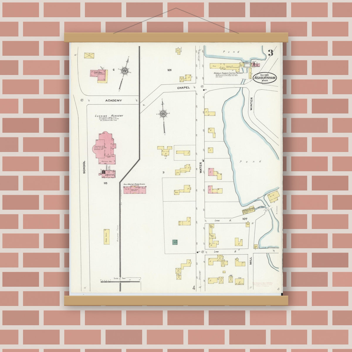 Old map wall art mockup — magnetic wood frame on brick wall — Sanborn Fire Insurance Map from Ashburnham, Worcester County, Massachusetts (1909), Sheet #0003